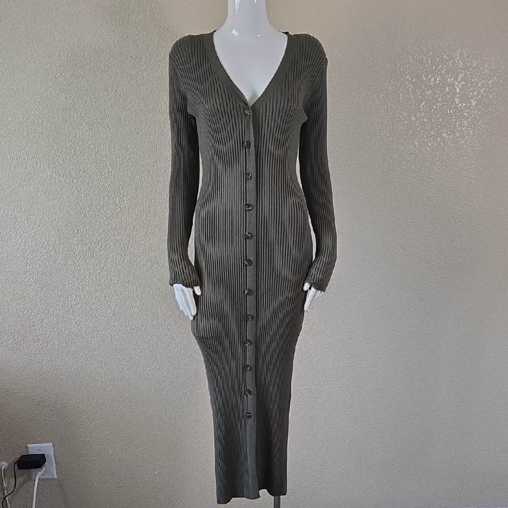 Olive Green Ribbed Button-Down Maxi Dress